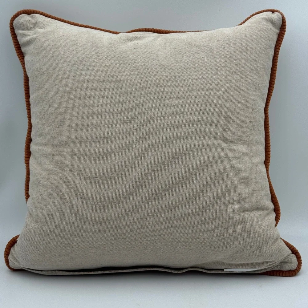 World Market Abstract Face Embroidered Throw Pillow Metallic Silver Rust Trim